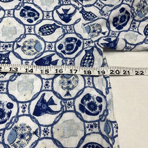Isaac Mizrahi New York Top Womens M Blue Fish Print Linen Blend Button Shirt - Picture 8 of 8